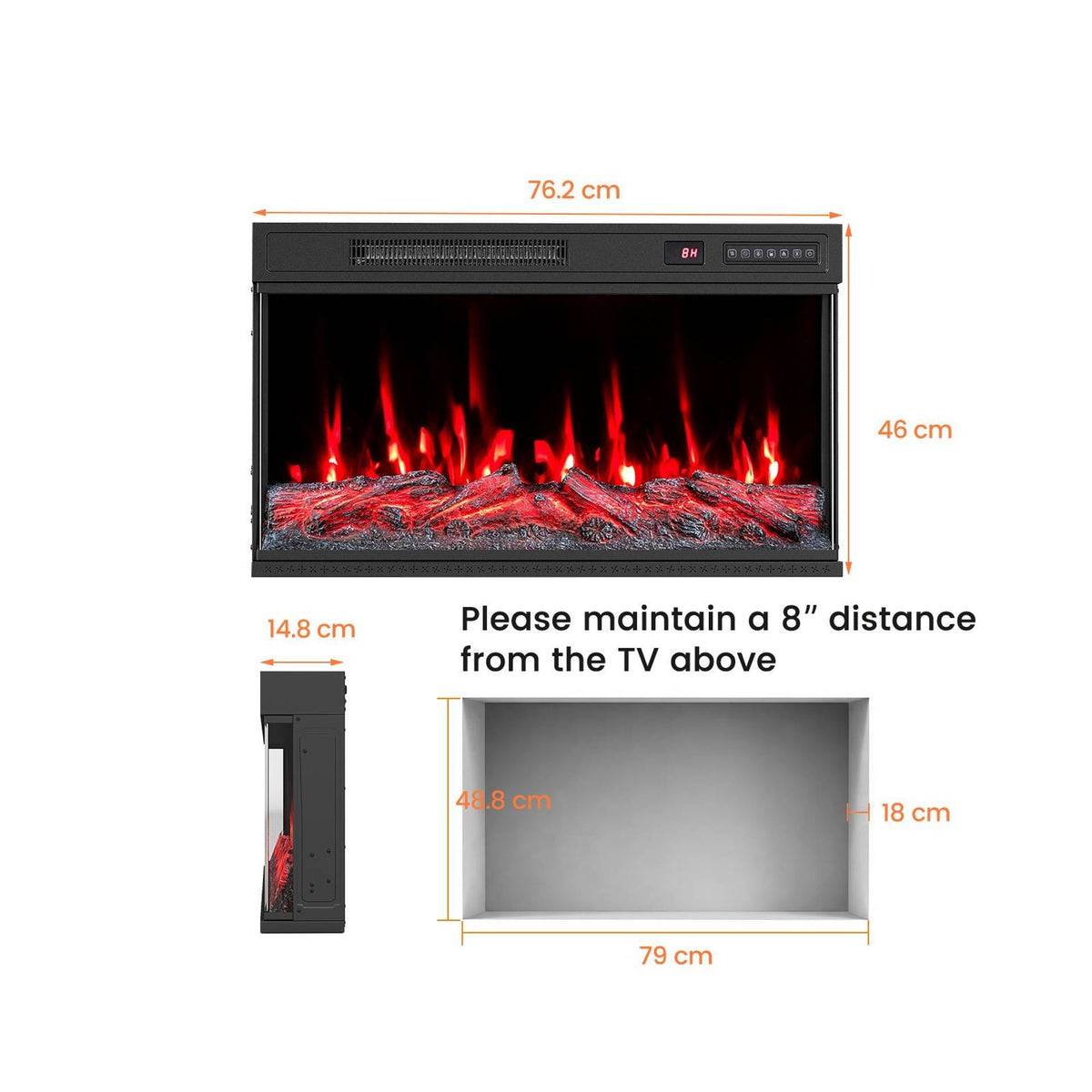 3-Sided Built-in Electric Fireplace Insert with 12 Flame Colours Thermostat and 8H Timer