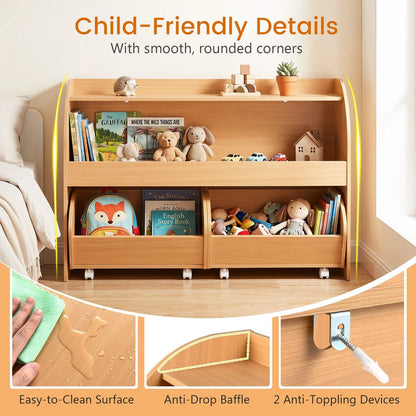 3-Tier Kids Toy Storage Organizer with 2 Rolling Drawers Bookcase for Kids Room