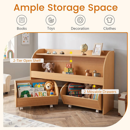 3-Tier Kids Toy Storage Organizer with 2 Rolling Drawers Bookcase for Kids Room