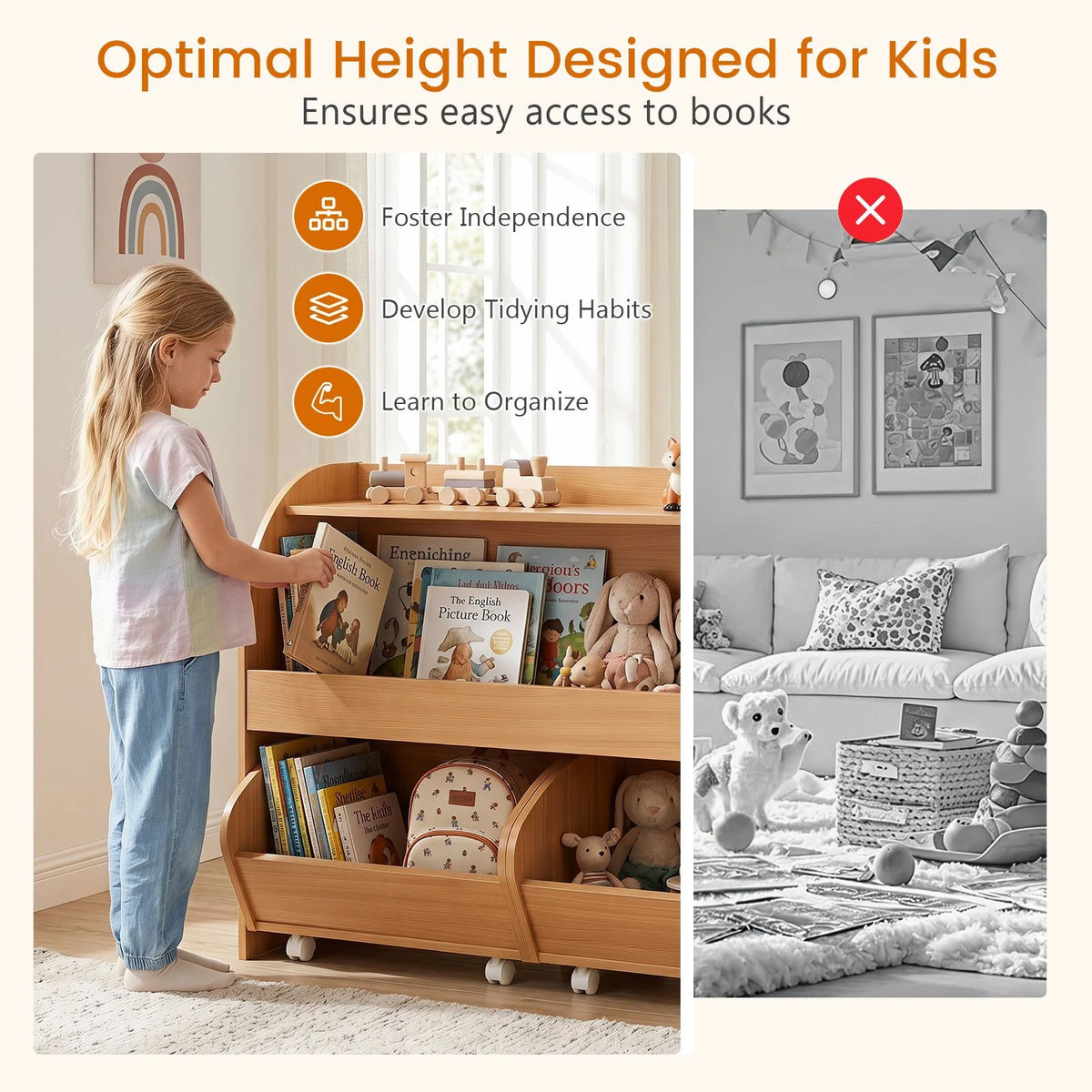 3-Tier Kids Toy Storage Organizer with 2 Rolling Drawers Bookcase for Kids Room