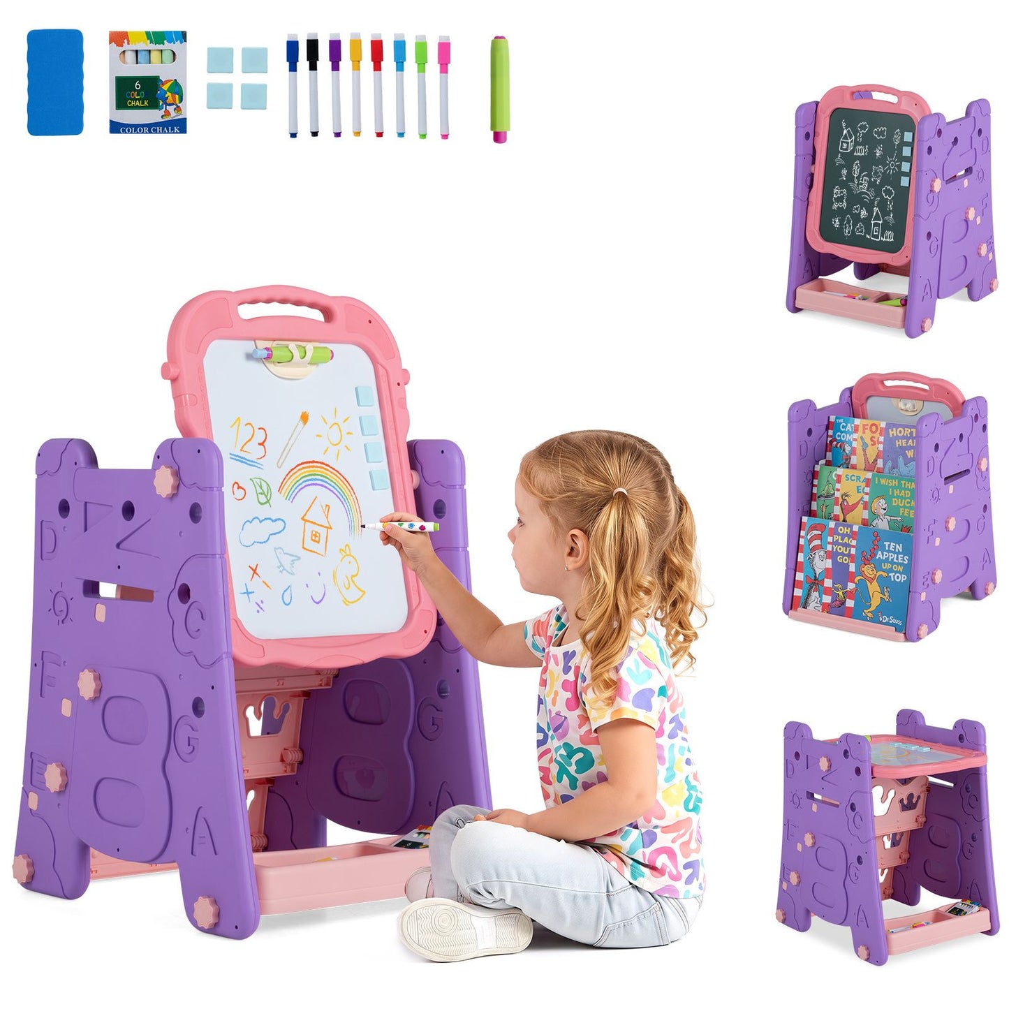 3 in 1 Art Easel for Kids Double Sided Magnetic Board Chalkboard and Whiteboard