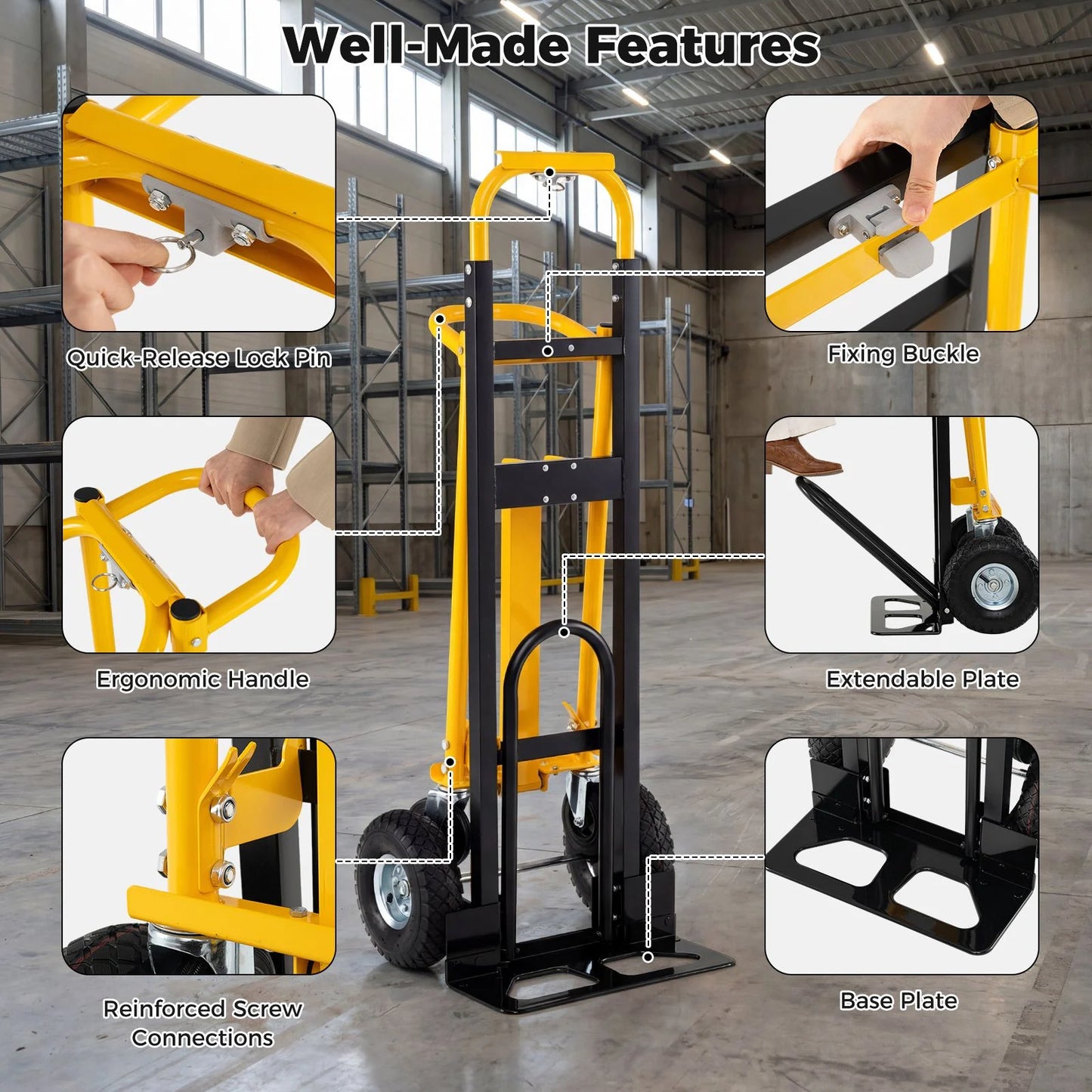 3-in-1 Folding Hand Truck Heavy-Duty Convertible Platform Cart with Rubber Wheels and Ergonomic Handle