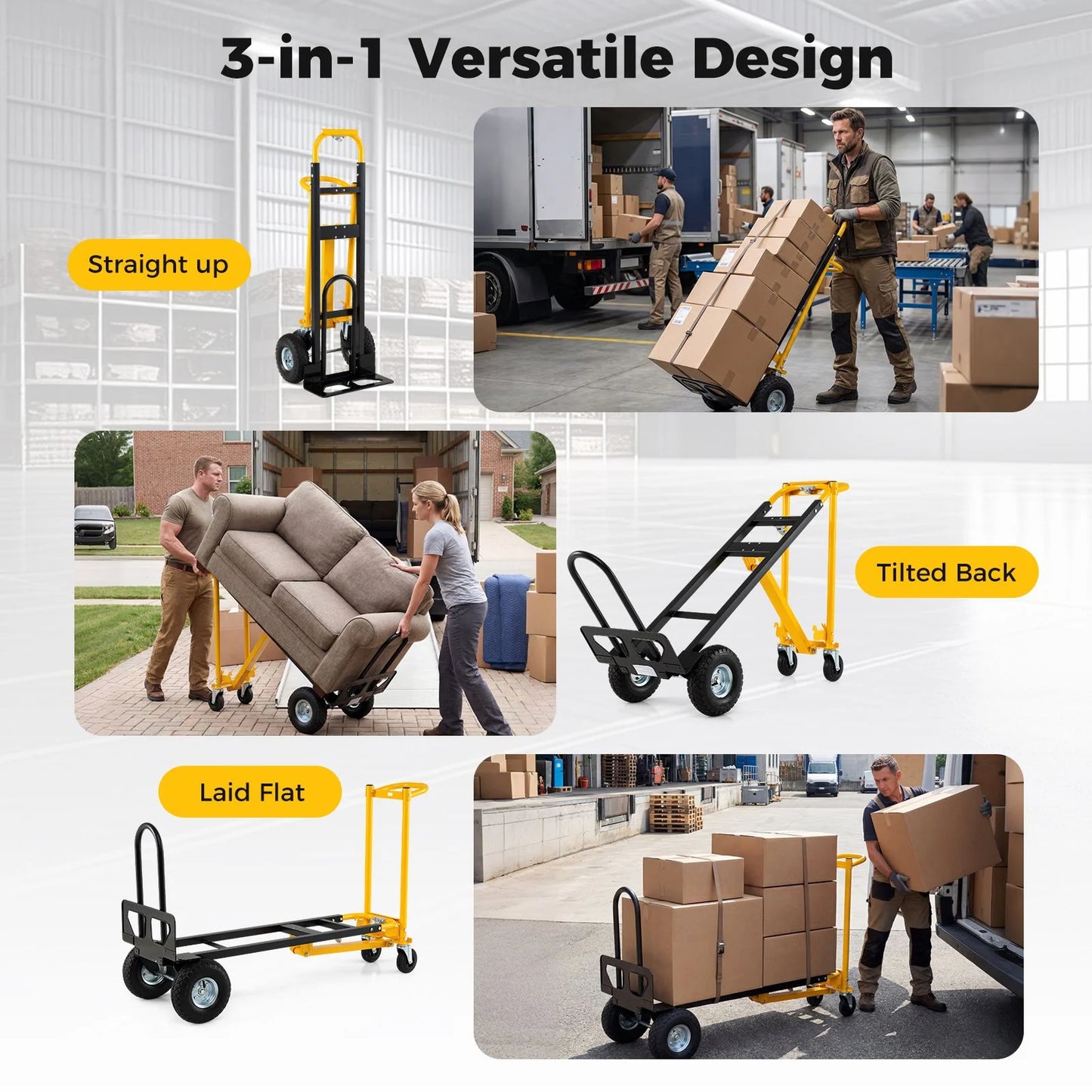 3-in-1 Folding Hand Truck Heavy-Duty Convertible Platform Cart with Rubber Wheels and Ergonomic Handle