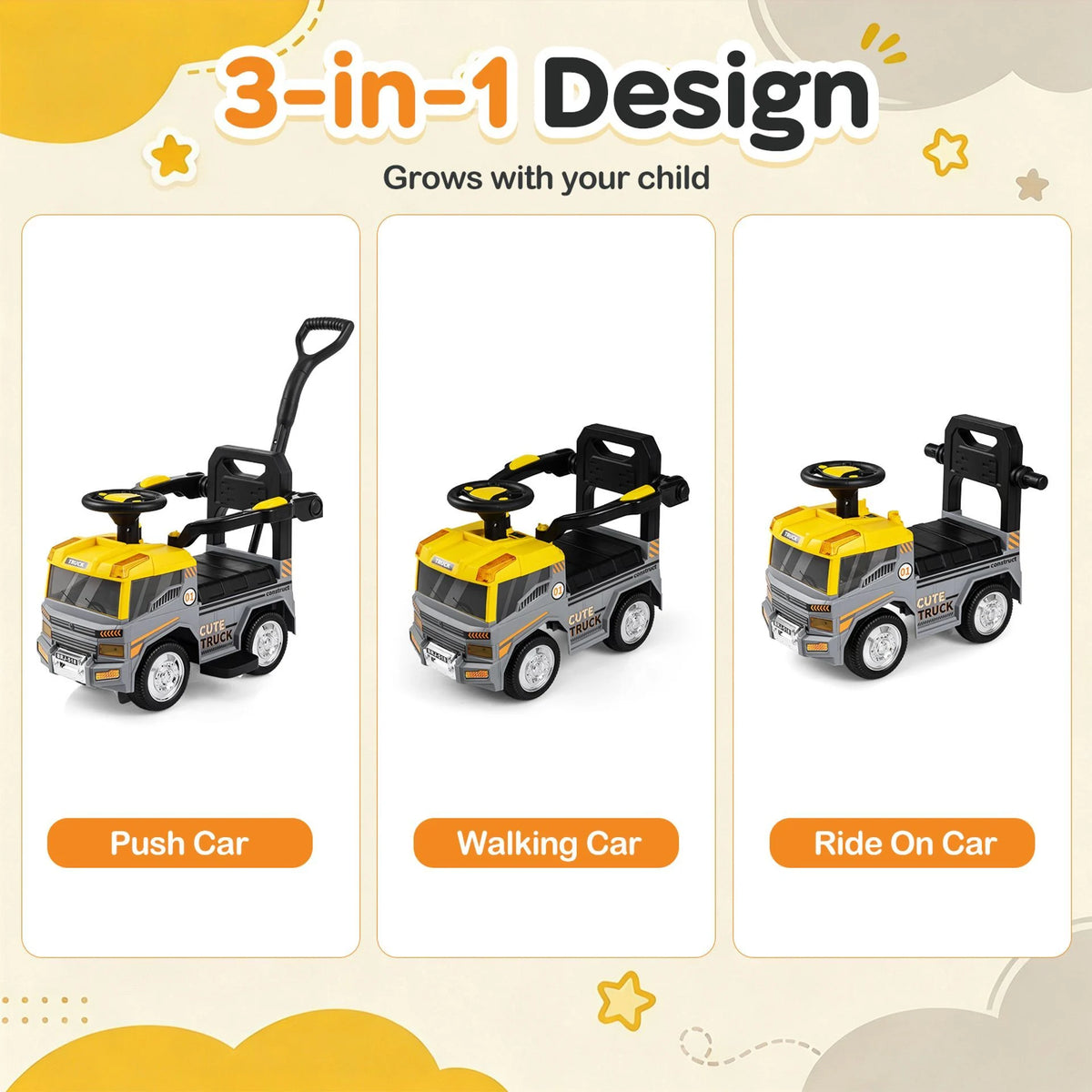 3-in-1 Kids Ride On Push Car with Music and Hidden Storage for Toddlers 3 to 5 Years Old
