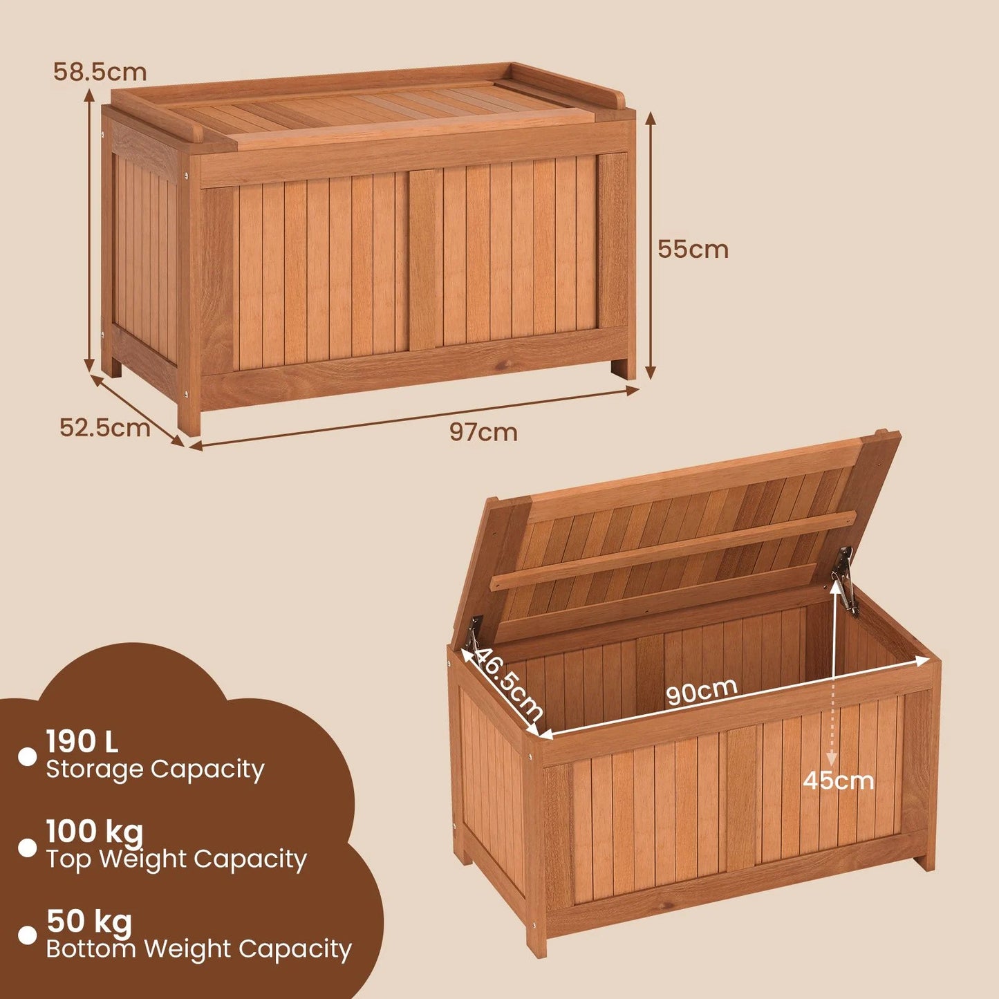 220L Wood Deck Box 3-in-1 Patio Storage Bench Stool with Flip Top for Cushions