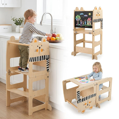 3-in-1 Toddler Kitchen Step Stool Foldable Standing Tower with Blackboard