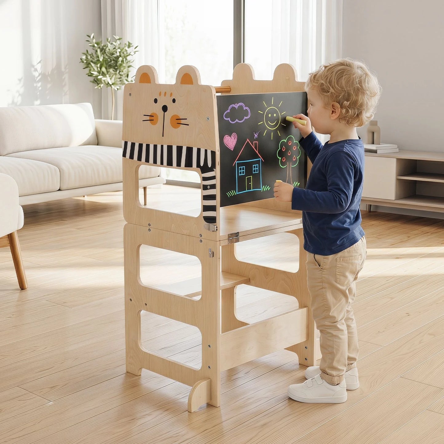 3-in-1 Toddler Kitchen Step Stool Foldable Standing Tower with Blackboard