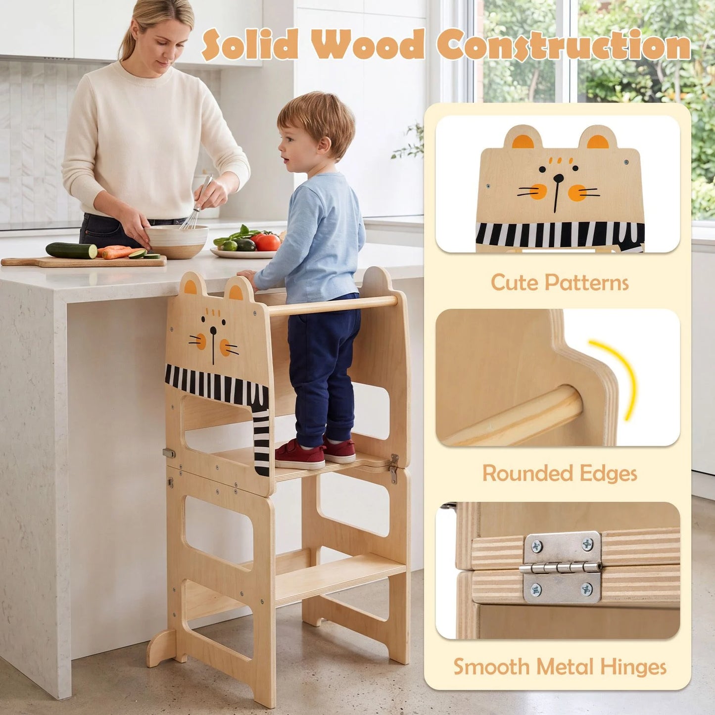 3-in-1 Toddler Kitchen Step Stool Foldable Standing Tower with Blackboard