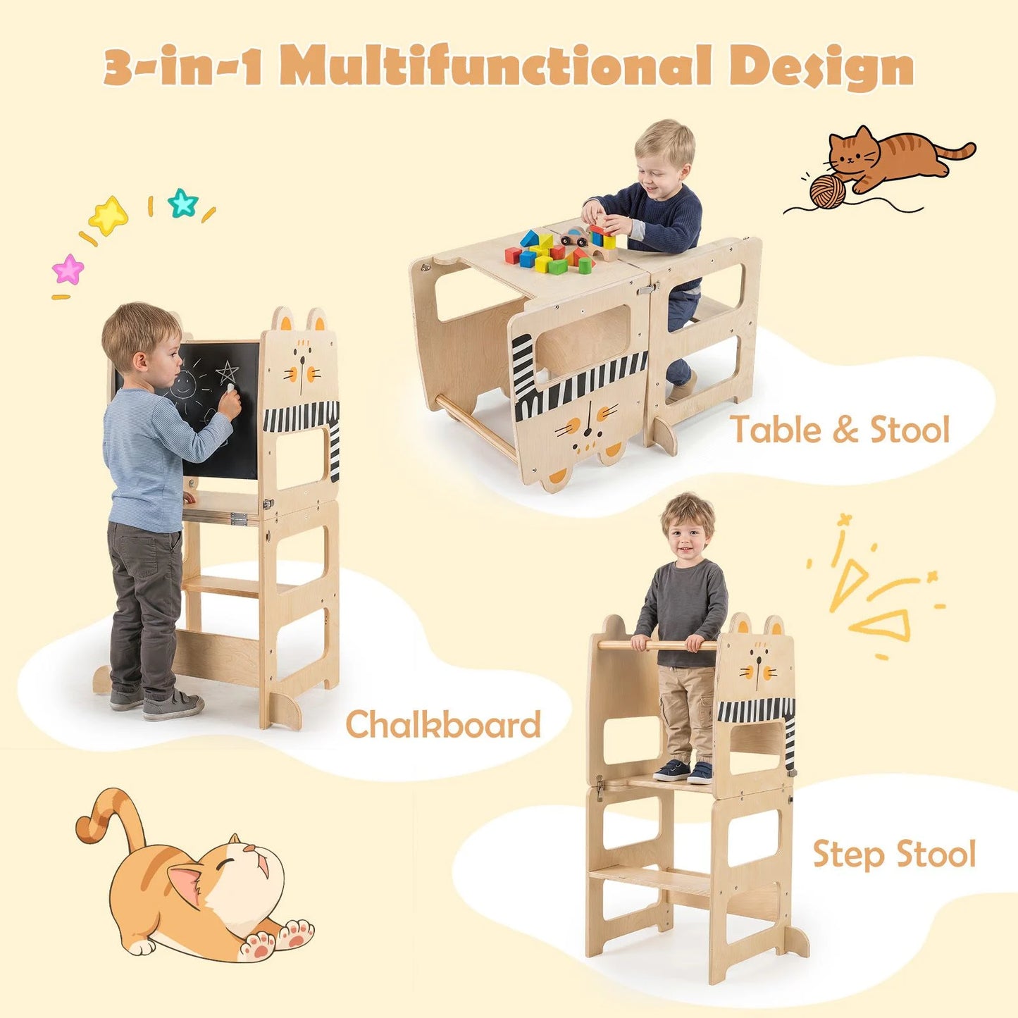 3-in-1 Toddler Kitchen Step Stool Foldable Standing Tower with Blackboard