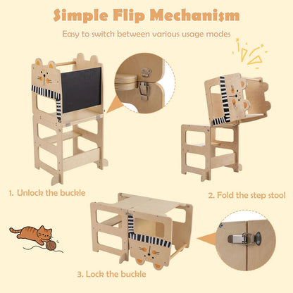 3-in-1 Toddler Kitchen Step Stool Foldable Standing Tower with Blackboard
