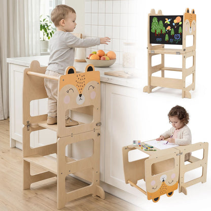 3-in-1 Toddler Kitchen Step Stool Foldable Standing Tower with Blackboard