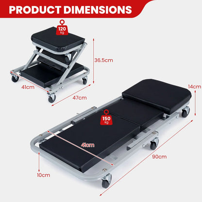 6 Rotatable Wheels, Z-Creeper Seat, Padded Mechanics Creeper Stool