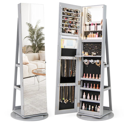 360 Degree Mirrored Jewelry Armoire with 3 Color Auto on LED Lights