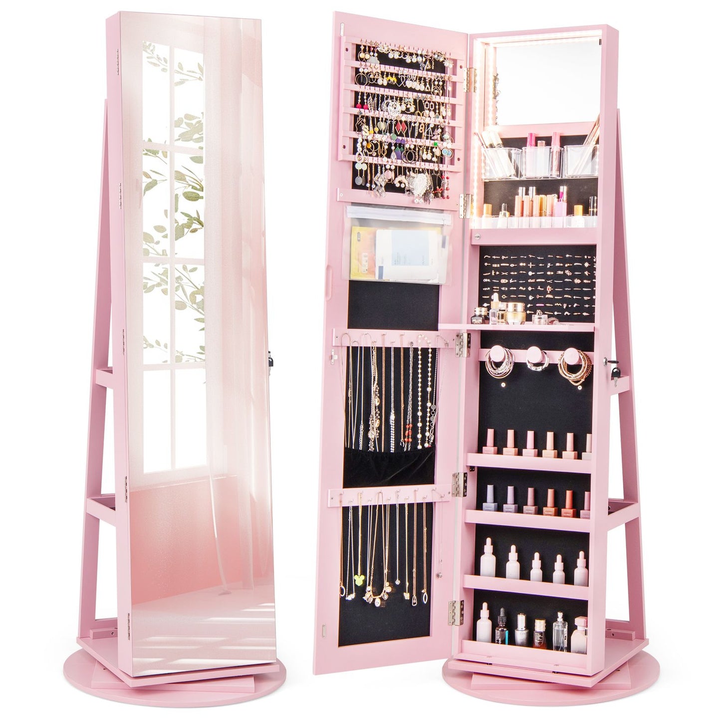 360 Degree Mirrored Jewelry Armoire with 3 Color Auto on LED Lights