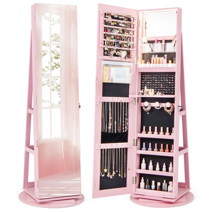 360 Degree Mirrored Jewelry Armoire with 3 Color Auto on LED Lights