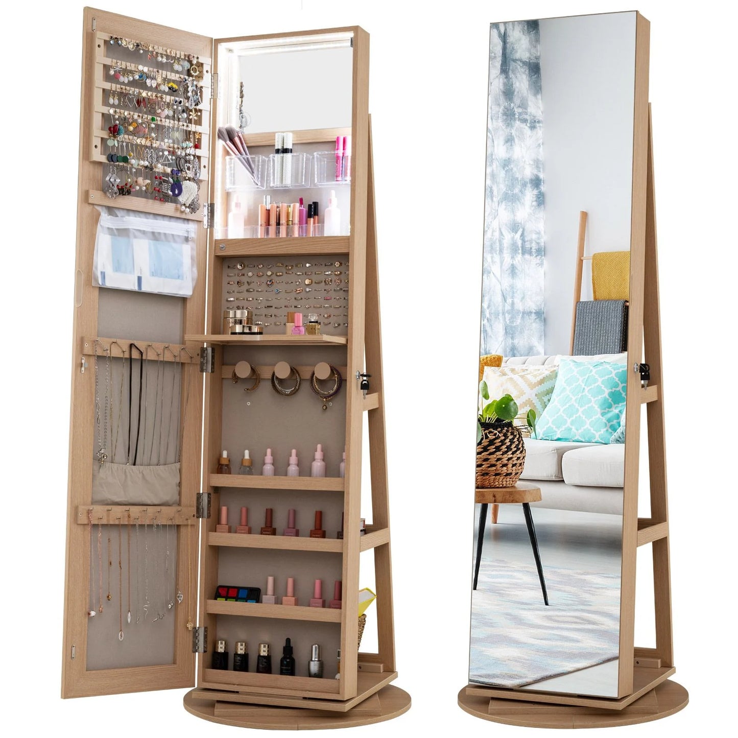 360 Degree Mirrored Jewelry Armoire with 3 Color Auto on LED Lights
