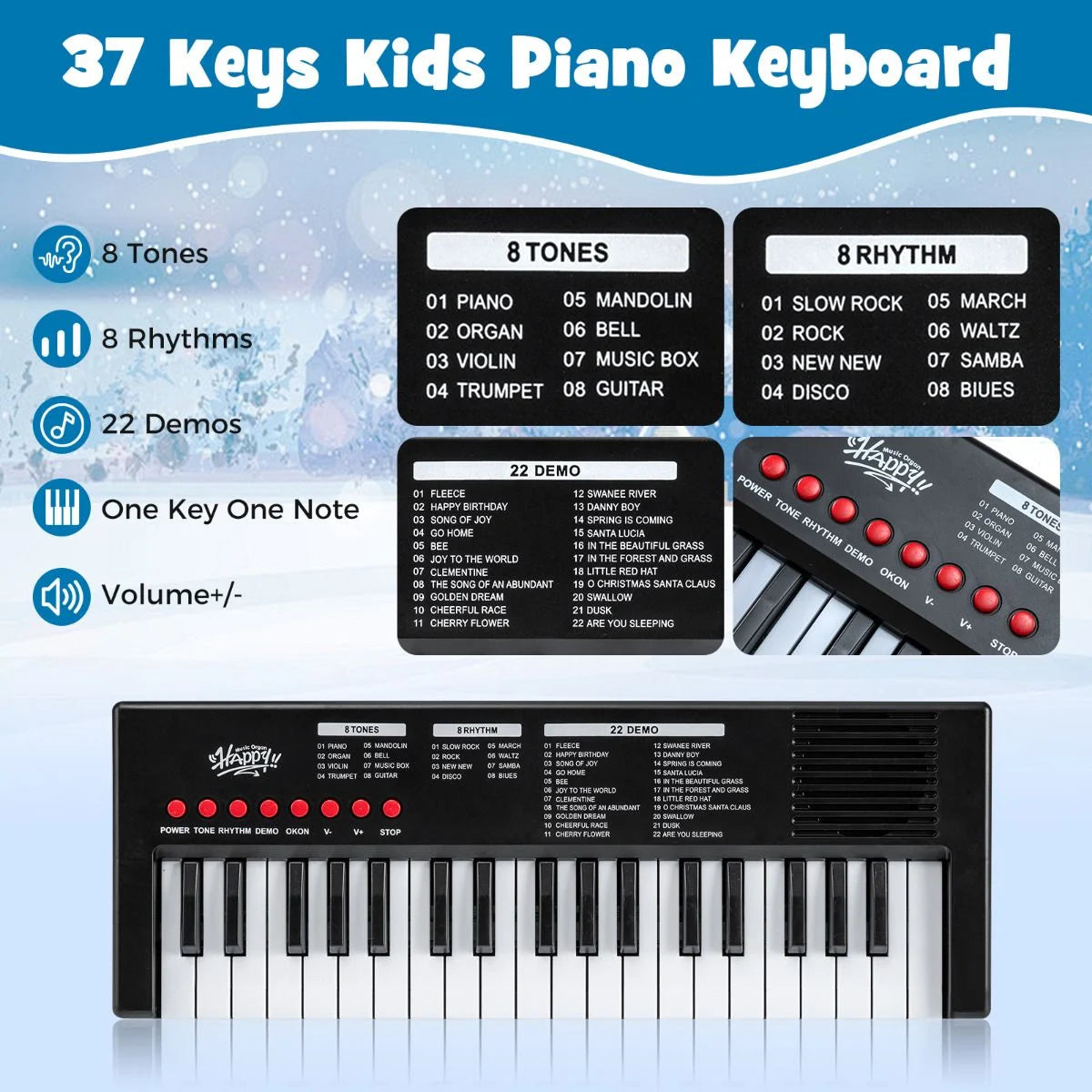 37 Keys Kids Piano Keyboard with Microphone Portable Electric Piano for Toddlers