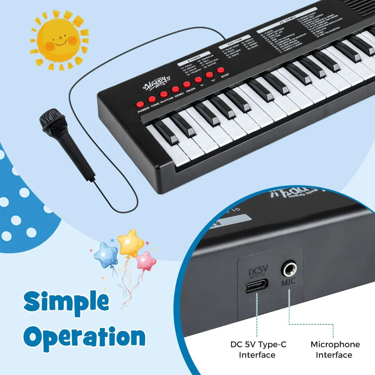 37 Keys Kids Piano Keyboard with Microphone Portable Electric Piano for Toddlers
