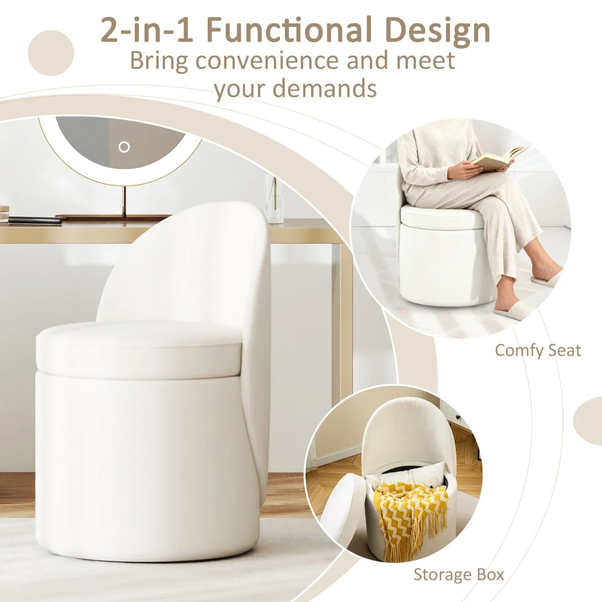 38 L Storage Ottoman Faux Velvet Vanity Stool with Backrest