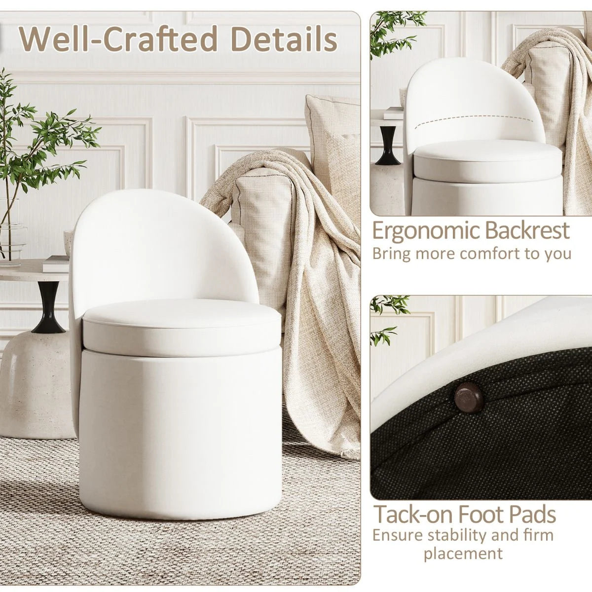 38 L Storage Ottoman Faux Velvet Vanity Stool with Backrest