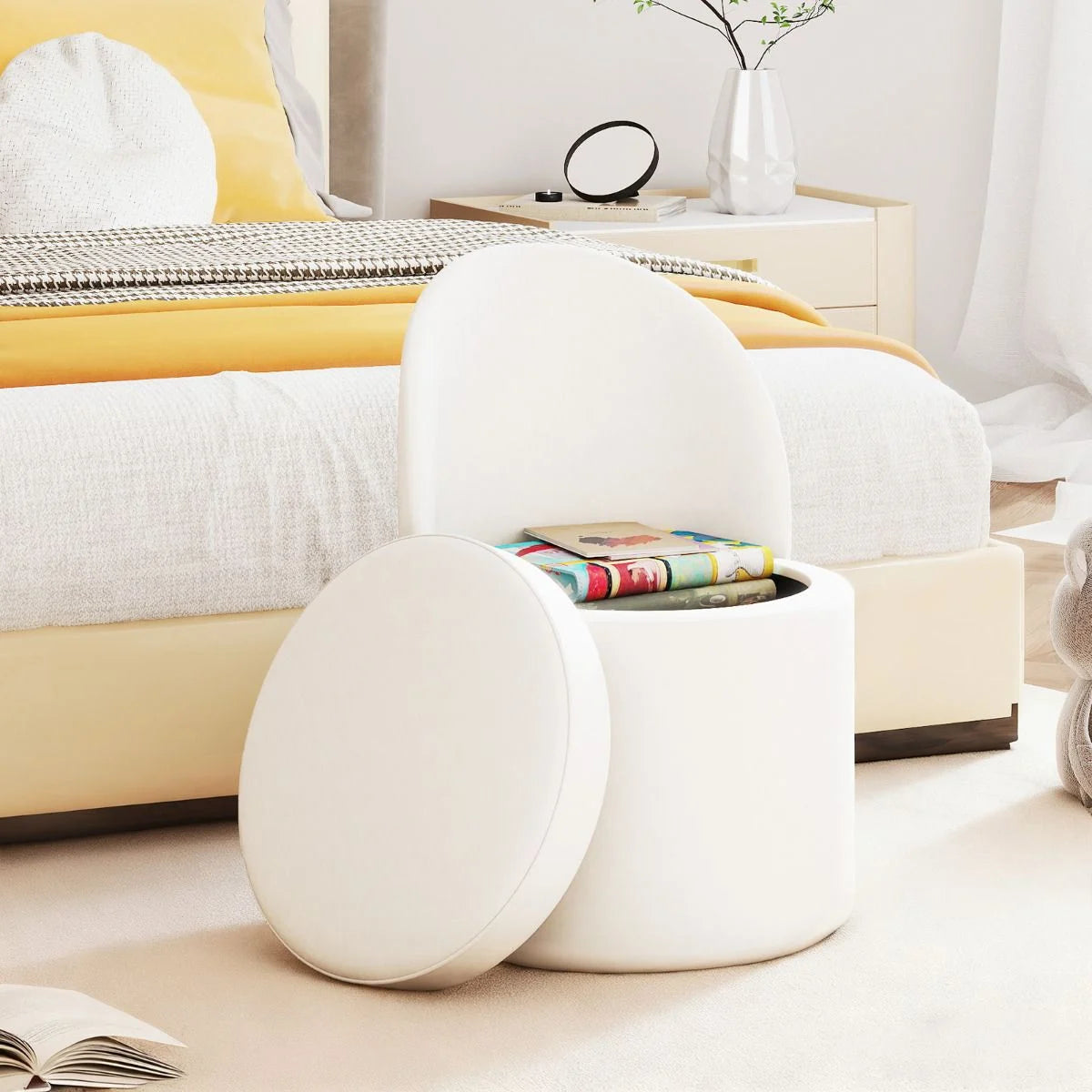 38 L Storage Ottoman Faux Velvet Vanity Stool with Backrest