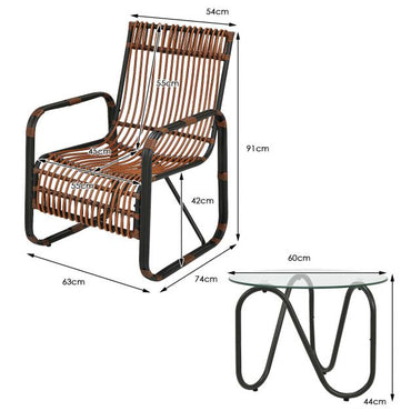 3 Piece Rattan Furniture Set with 2 Armchairs and Glass Coffee Table