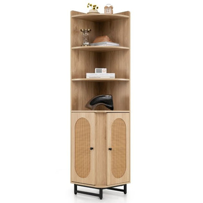 172 cm Tall PE Rattan Corner Cabinet with 2 Doors and 4 Open Shelves