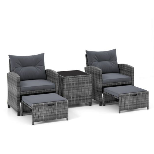 5 Piece Wicker Patio Furniture Set with 2 Cushioned Chairs and 2 Ottomans