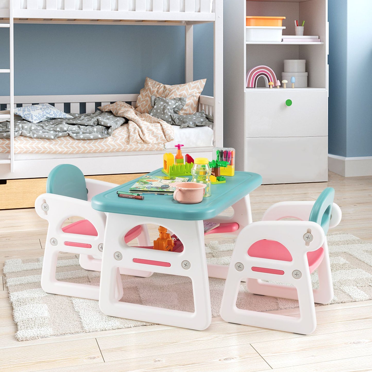 Toddler Table and Chairs Set, Plactic Children Activity Table with Storage Rack