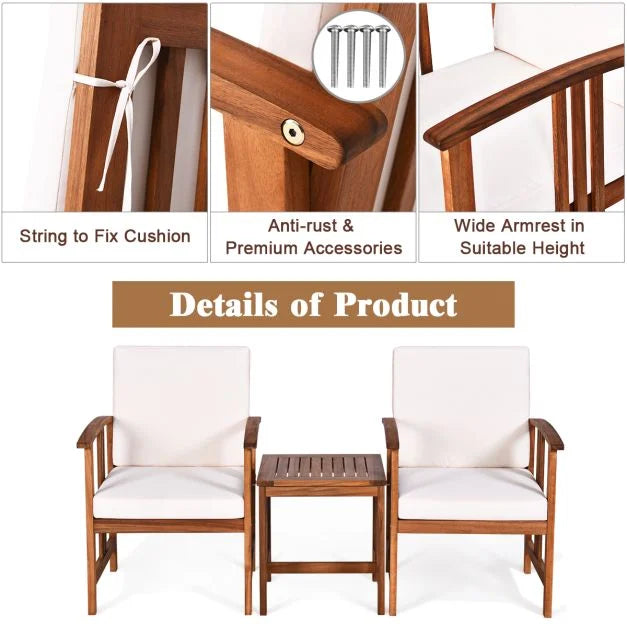 3-Piece Outdoor Acacia Wood Sofa Set with Cushions