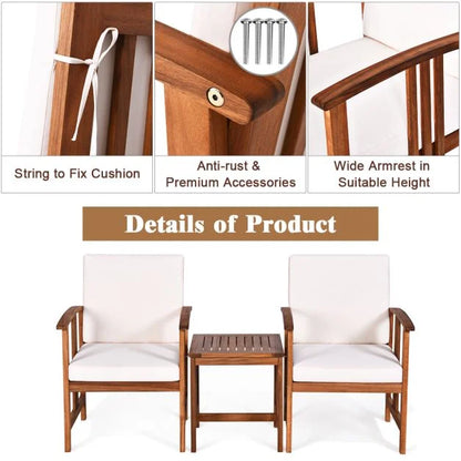 3-Piece Outdoor Acacia Wood Sofa Set with Cushions