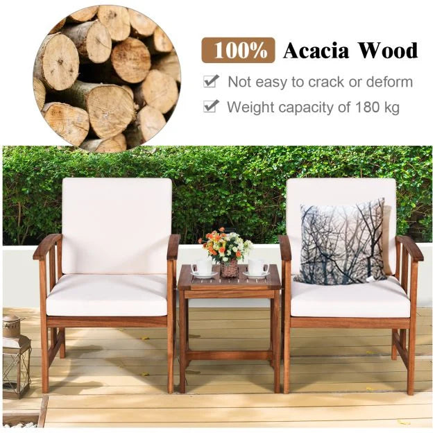 3-Piece Outdoor Acacia Wood Sofa Set with Cushions