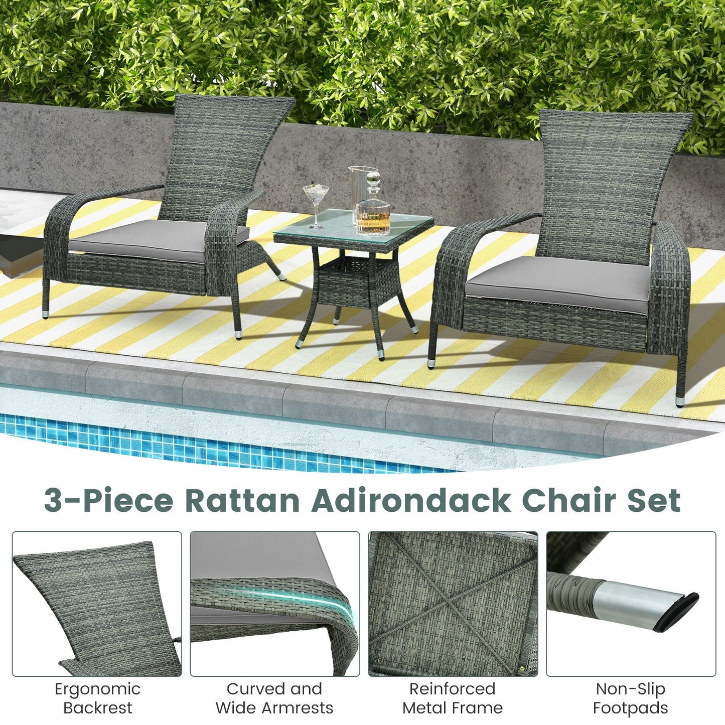 3-Piece Oversized Wicker Adirondack Set with Comfy Seat Cushions