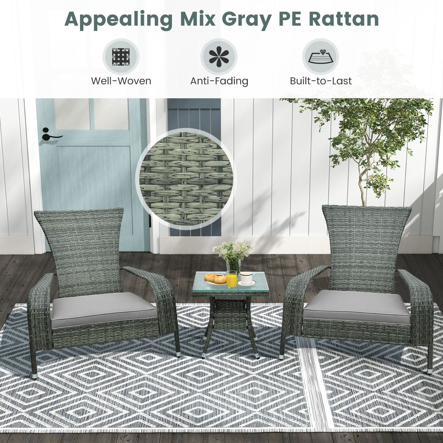 3-Piece Oversized Wicker Adirondack Set with Comfy Seat Cushions