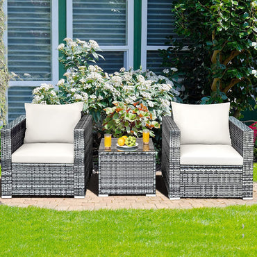 3 Pieces Rattan Bistro Set with Cushions for Balcony