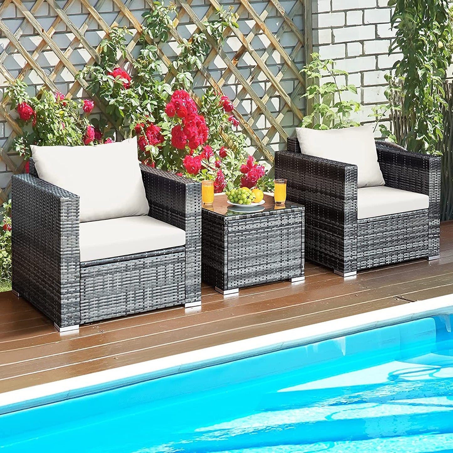 3 Pieces Rattan Bistro Set with Cushions for Balcony