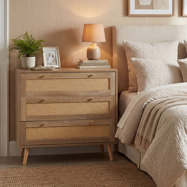 3-Drawer Rattan Dresser Boho Wooden Nightstand with 3 Drawers