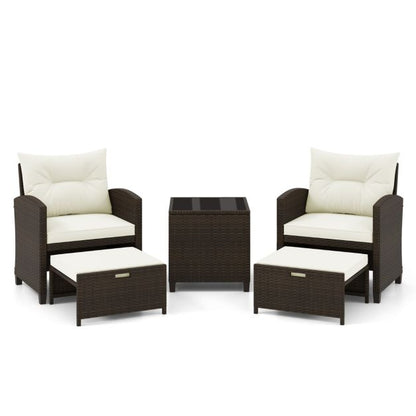 5 Piece Patio Rattan Furniture with 2 Ottomans and Tempered Glass Coffee Table