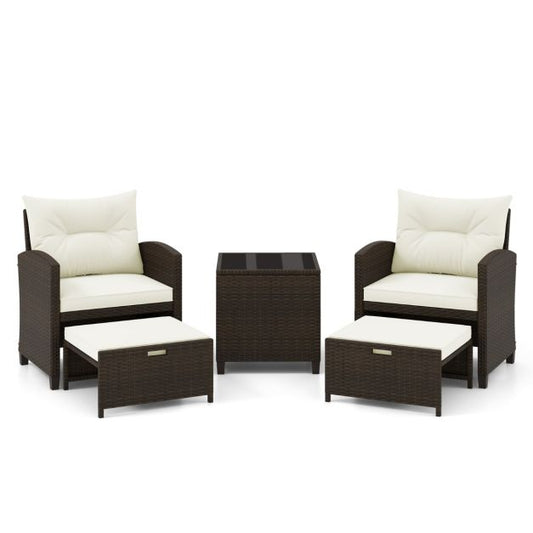 5 Piece Patio Rattan Furniture with 2 Ottomans and Tempered Glass Coffee Table