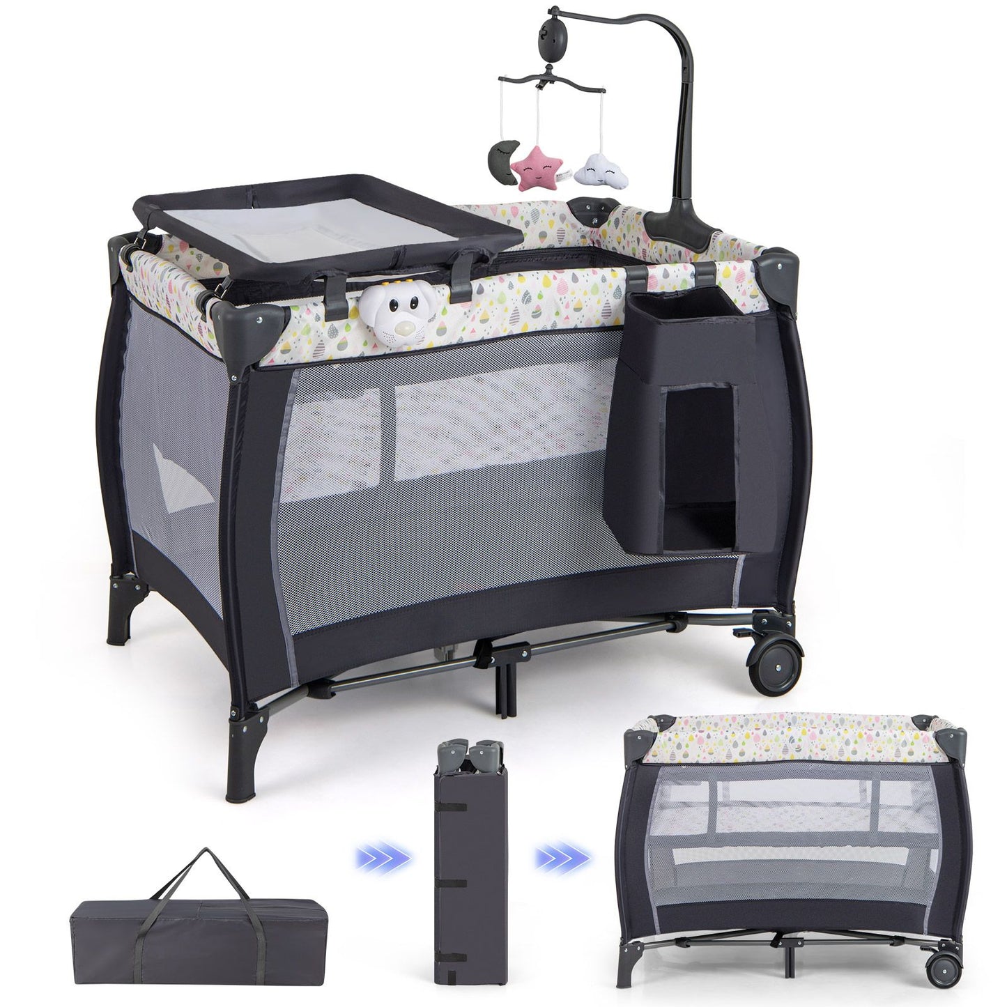 3 in 1 Baby Activity Center Foldable Pack and Play with Diaper Changing Table