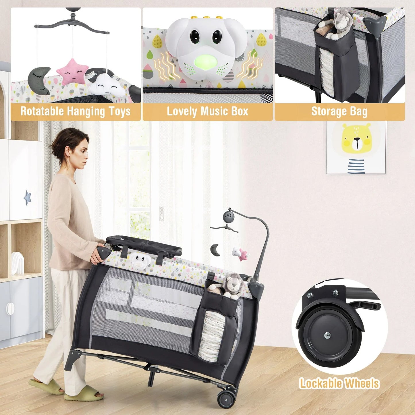 3 in 1 Baby Activity Center Foldable Pack and Play with Diaper Changing Table