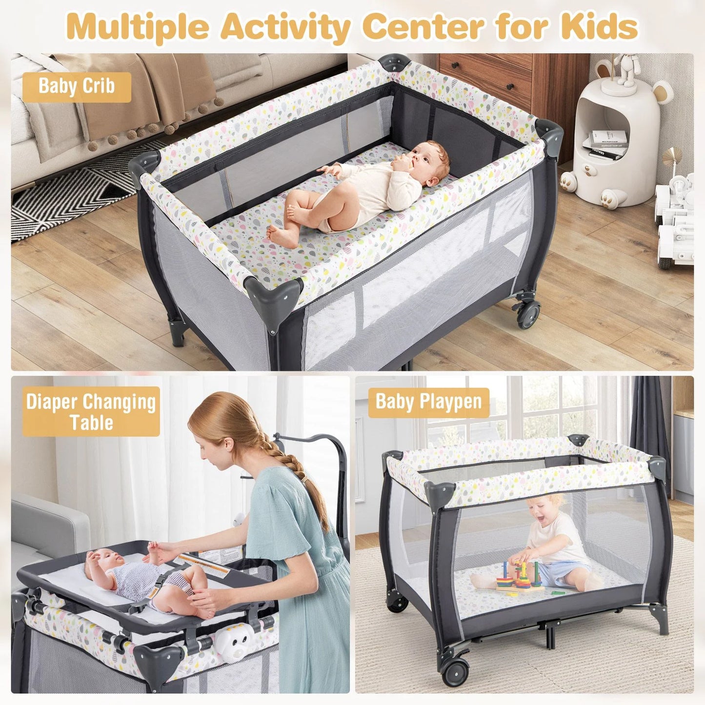 3 in 1 Baby Activity Center Foldable Pack and Play with Diaper Changing Table
