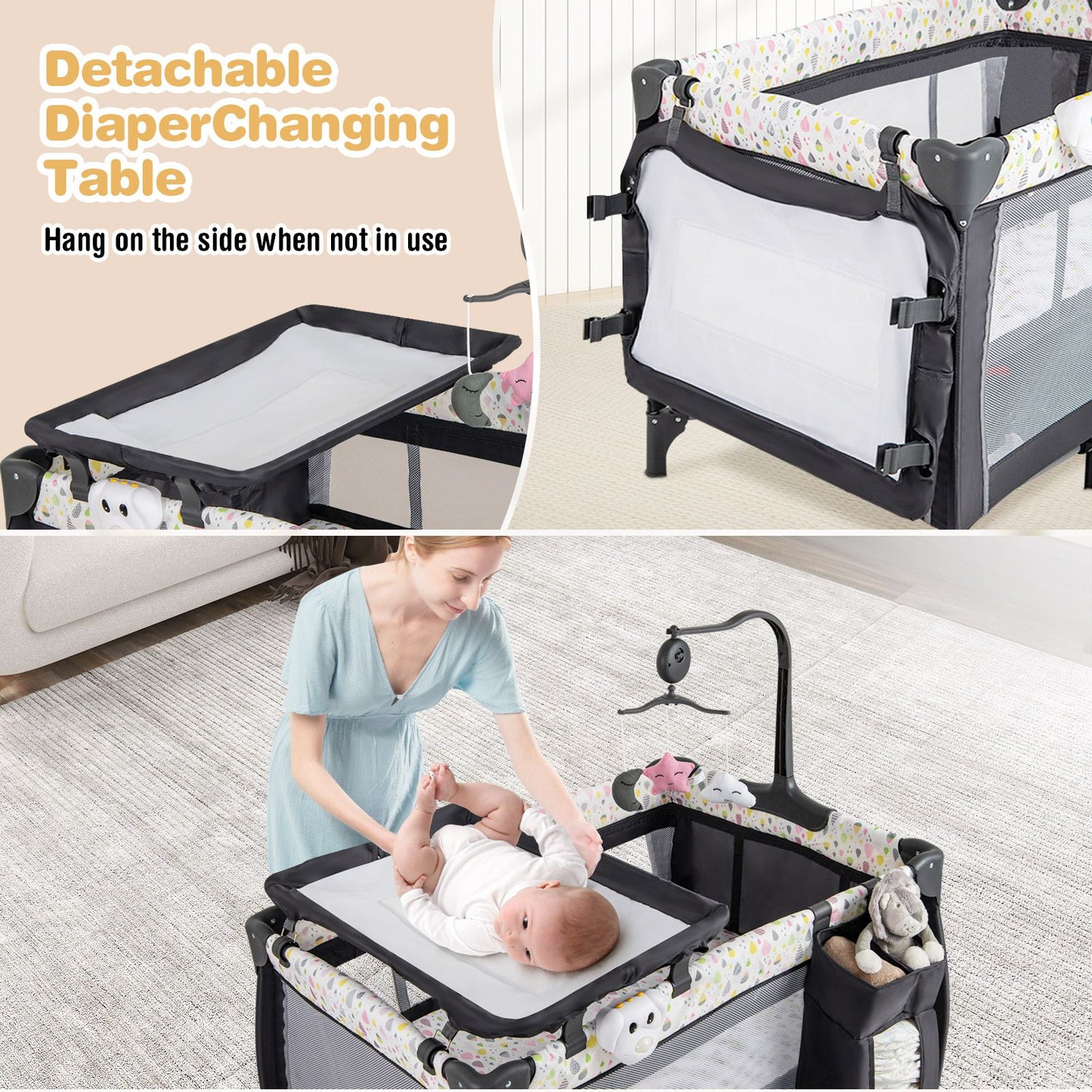 3 in 1 Baby Activity Center Foldable Pack and Play with Diaper Changing Table