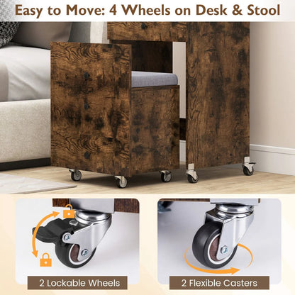 3-in-1 Small Vanity Desk Set with Flip-top Mirror and Lights