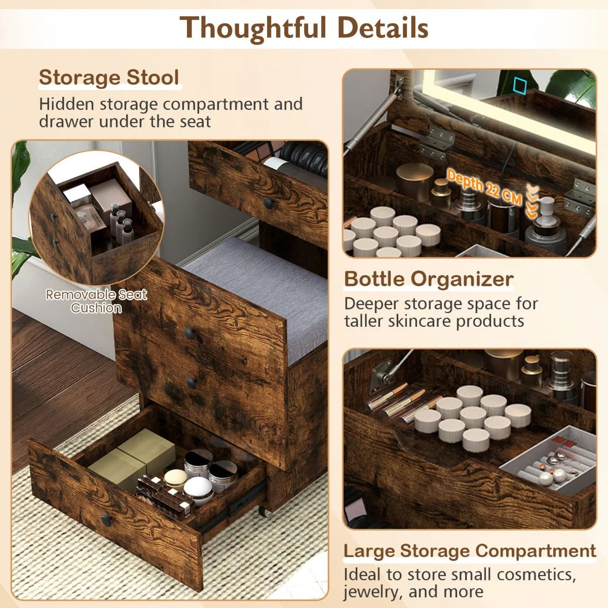 3-in-1 Small Vanity Desk Set with Flip-top Mirror and Lights