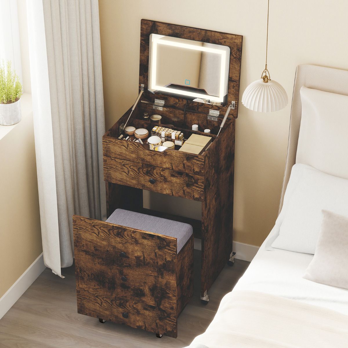 3-in-1 Small Vanity Desk Set with Flip-top Mirror and Lights