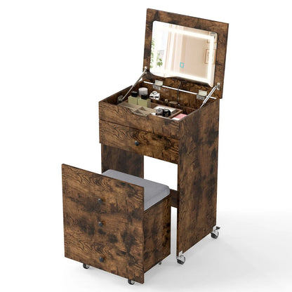 3-in-1 Small Vanity Desk Set with Flip-top Mirror and Lights
