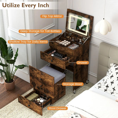 3-in-1 Small Vanity Desk Set with Flip-top Mirror and Lights