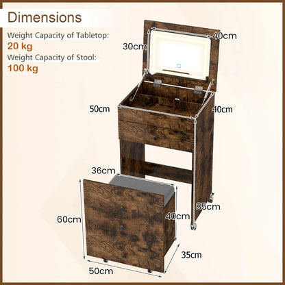 3-in-1 Small Vanity Desk Set with Flip-top Mirror and Lights