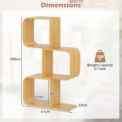 S Shaped Bookcase Bamboo Bookshelf Decorative Storage Organizer